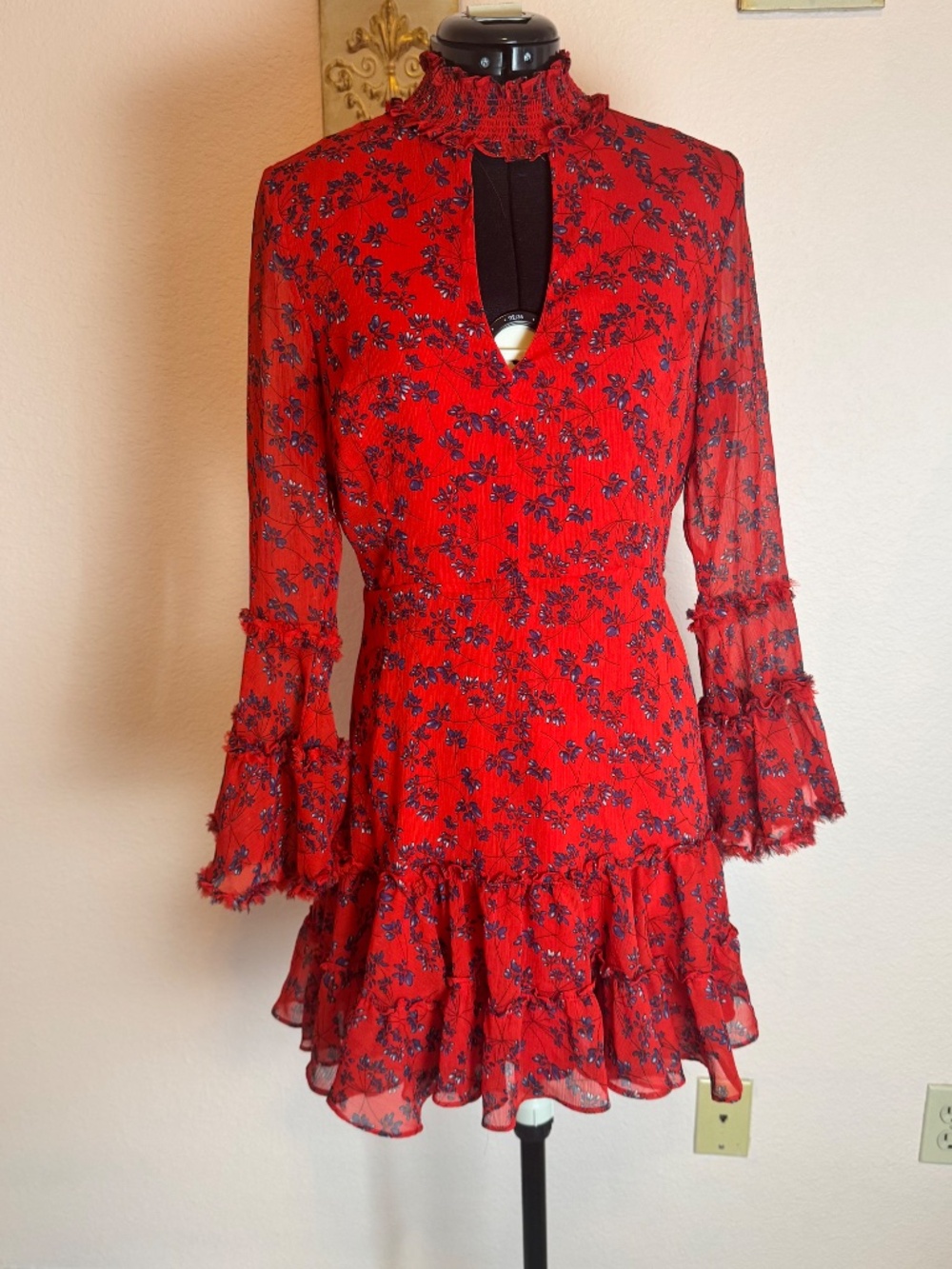 Autumn Wedding Romantic Cottagecore Bardot Red Chiffon e Mini Dress US 8